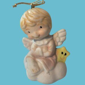 Vintage Porcelain Angel Ornament With Yellow Star Hanging Accent